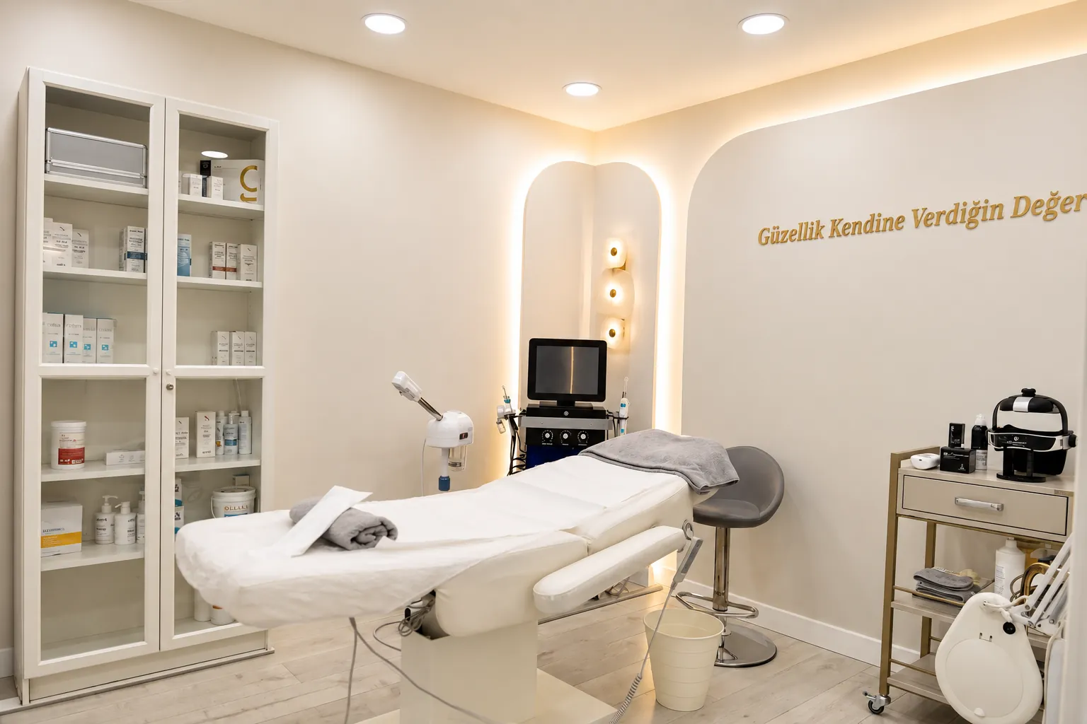 Vega Beauty cilt bakımı odası, ürün dolabı ve cilt bakım cihazları